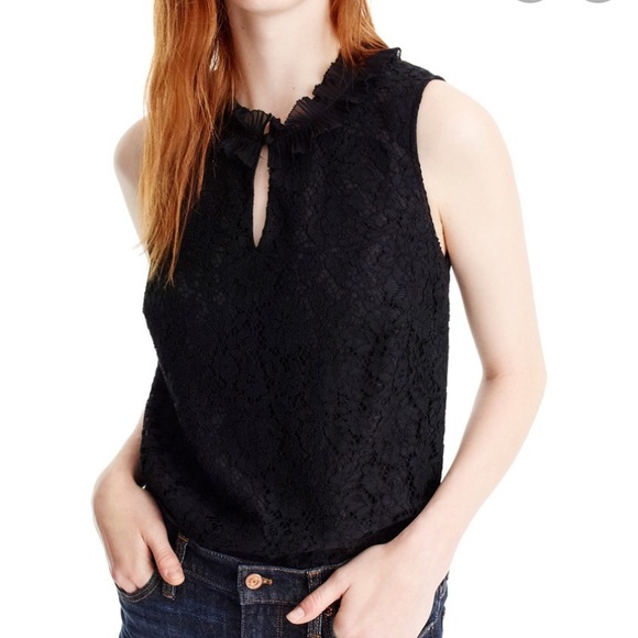 J. Crew Sleevless lace top with eye lash trim and ruffled collar - Picture 2 of 6